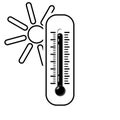 Hot thermometer with a sun in black and white style. Temperature weather thermometers meteorology, temp control